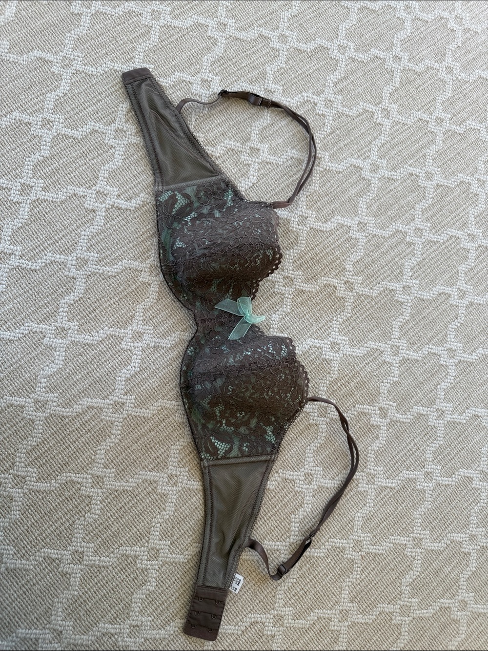 Taupe w mint lining. Lace Underwire Bra with Mint Bow Accent